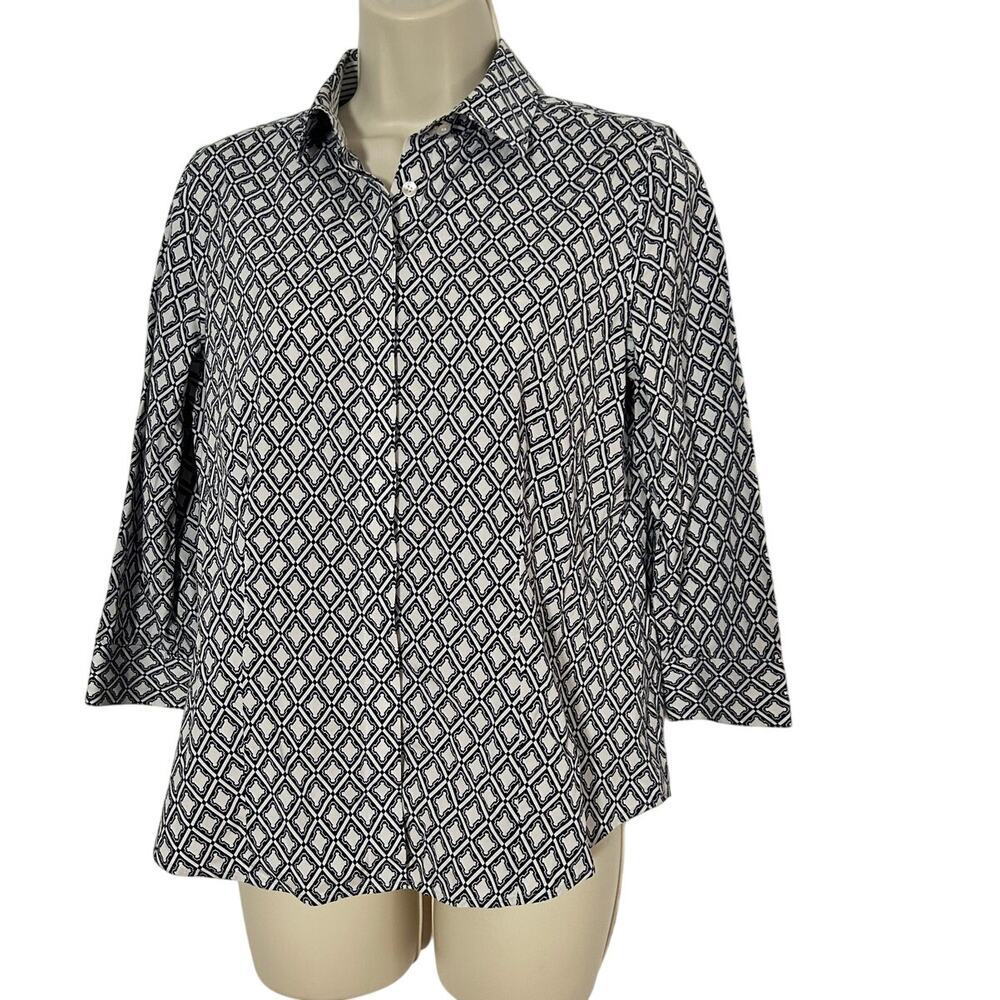 Talbots Women's Button Down Blouse Navy White Argyle Diamond 3/4 Sleeve Size 6P